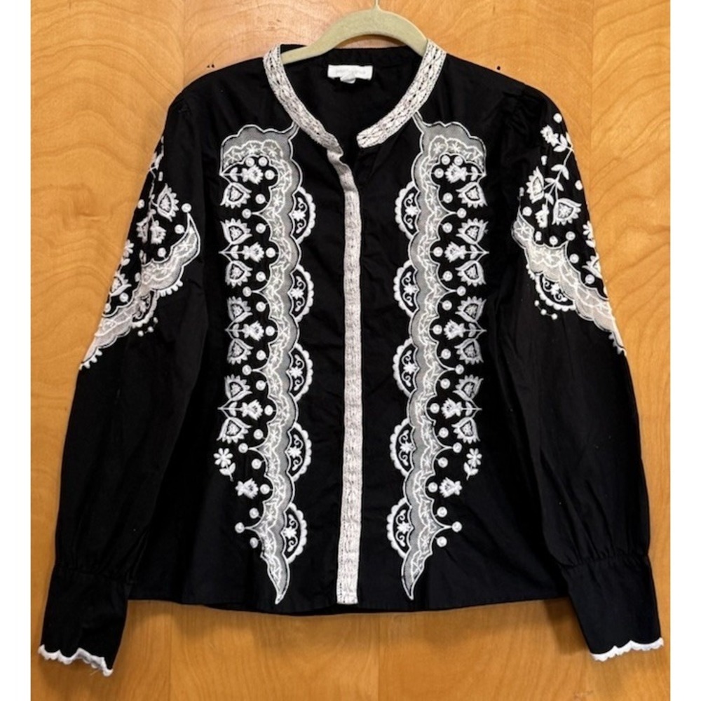 JENNIFER & GRACE 100% Cotton Black White Lace‎ Embroidered Peasant Blouse Top L
